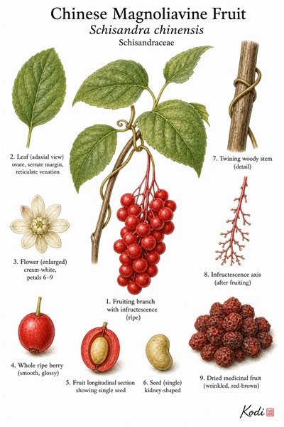 Botanical illustration of Chinese Magnoliavine Fruit, Schisandra chinensis, showing vine habit, red berry cluster, dried fruit, and diagnostic plant details.