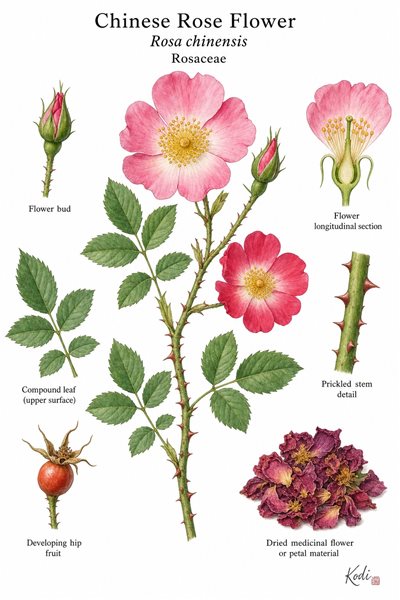 Botanical illustration of Chinese Rose Flower, Rosa chinensis, showing flowering branch, open blooms, bud, hip, dried flower material, and diagnostic plant details.