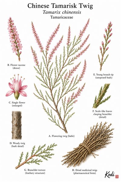 Botanical illustration of Chinese Tamarisk Twig, Tamarix chinensis, showing flowering twig, scale leaves, pink racemes, dried twig material, and diagnostic plant details.