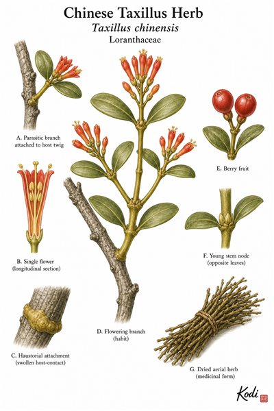 Botanical illustration of Chinese Taxillus Herb, Taxillus chinensis, showing parasitic branch habit, host attachment, flowers, berries, dried herb, and diagnostic plant details.