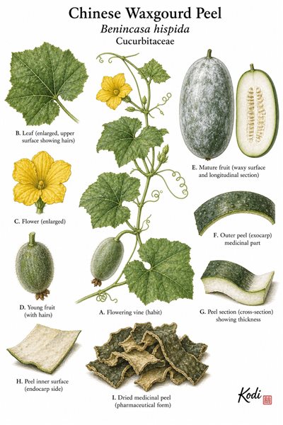 Botanical illustration of Chinese Waxgourd Peel, Benincasa hispida, showing vine, flower, wax-coated fruit, peel strips, and diagnostic plant details.