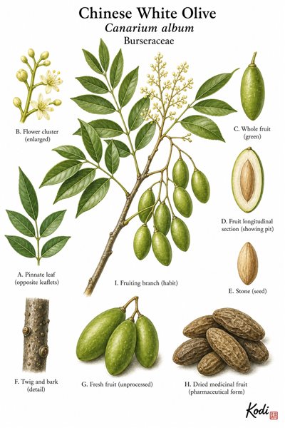 Botanical illustration of Chinese White Olive, Canarium album, showing fruiting branch, pinnate leaves, fresh fruit, dried fruit, and diagnostic plant details.