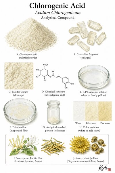 Scientific specimen plate of Chlorogenic Acid, Acidum Chlorogenicum, showing refined powder, crystalline fragments, solution, and diagnostic analytical compound details.