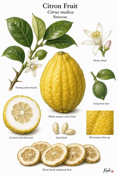 Botanical illustration of Citron Fruit, Citrus medica, showing branch, leaves, flowers, mature fruit, rind, seed, and diagnostic plant details.