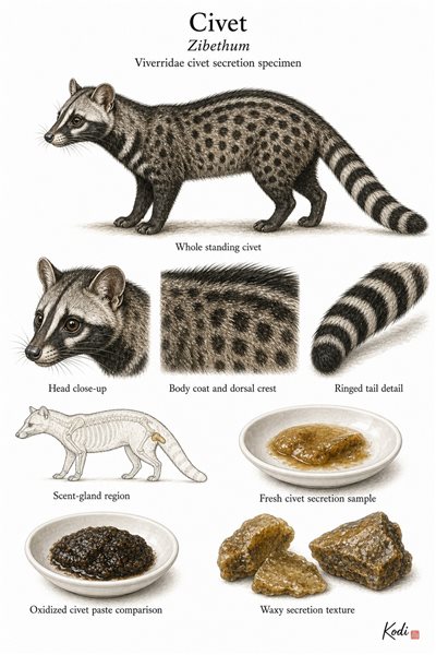 Scientific specimen plate of Civet, Zibethum, showing whole civet form, head, tail, gland-secretion samples, and diagnostic material details.