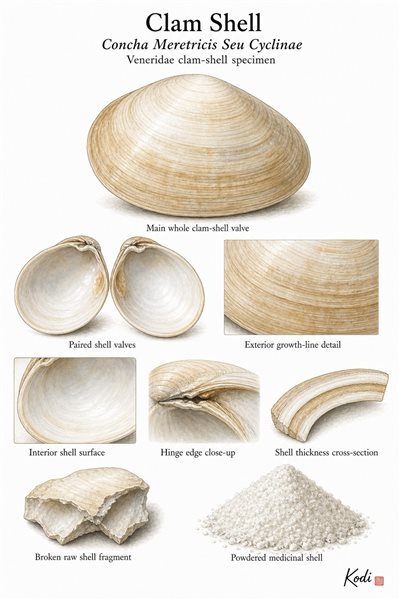 Scientific specimen plate of Clam Shell, Concha Meretricis Seu Cyclinae, showing whole valves, inner surface, hinge, shell powder, and diagnostic shell details.