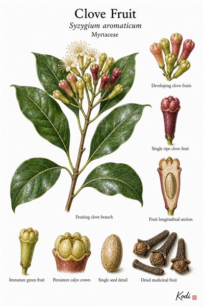 Botanical illustration of Clove Fruit, Syzygium aromaticum, showing fruiting branch, ripe fruit, seed, dried medicinal fruit, and diagnostic plant details.