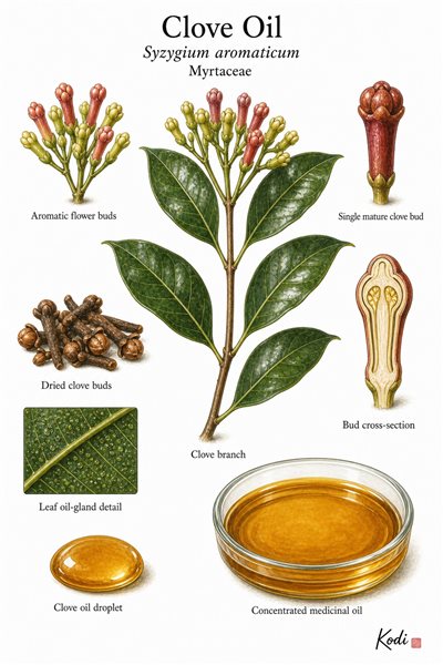 Botanical illustration of Clove Oil, Syzygium aromaticum, showing leafy branch, flower buds, source material, oil-rich structures, concentrated oil, and diagnostic plant details.