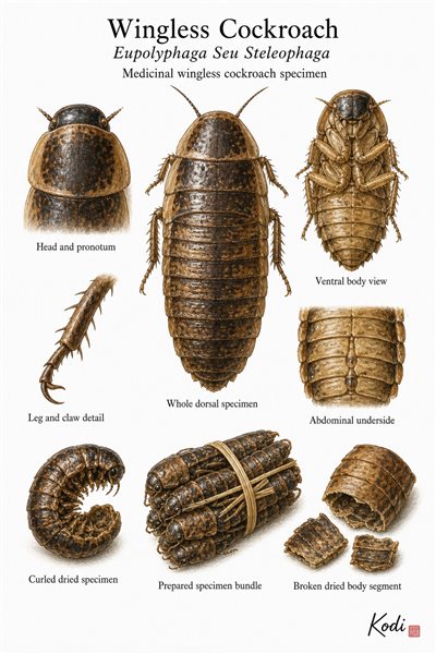 Scientific specimen plate of Wingless Cockroach, Eupolyphaga Seu Steleophaga, showing whole specimen form, head, ventral anatomy, dried medicinal material, and diagnostic insect details.