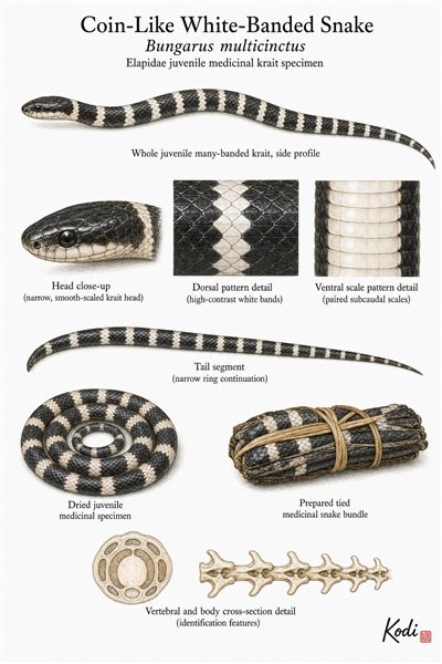 Scientific specimen plate of Coin-Like White-Banded Snake, Bungarus multicinctus, showing juvenile banded body form, head, scale pattern, dried medicinal specimen, and diagnostic snake details.