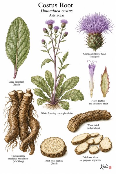 Botanical illustration of Costus Root, Dolomiaea costus, showing whole plant habit, leaves, purple flower head, aromatic medicinal root, and diagnostic plant details.
