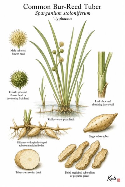 Botanical illustration of Common Bur-Reed Tuber, Sparganium stoloniferum, showing marsh habit, spherical flower heads, rhizome tubers, dried medicinal pieces, and diagnostic plant details.