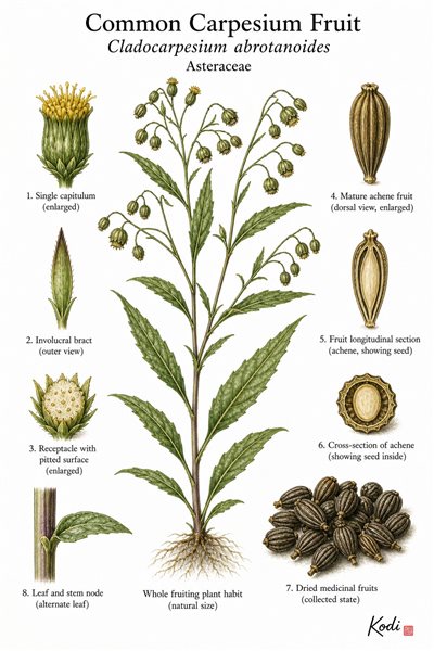 Botanical illustration of Common Carpesium Fruit, Cladocarpesium abrotanoides, showing fruiting herb, leaves, yellow composite heads, medicinal fruits, and diagnostic plant details.