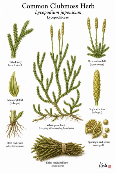 Botanical illustration of Common Clubmoss Herb, Lycopodium japonicum, showing creeping clubmoss habit, forked branches, strobili, spores, dried herb, and diagnostic plant details.