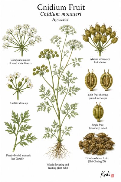 Botanical illustration of Cnidium Fruit, Cnidium monnieri, showing plant habit, compound umbels, divided leaves, aromatic fruits, dried medicinal fruits, and diagnostic plant details.