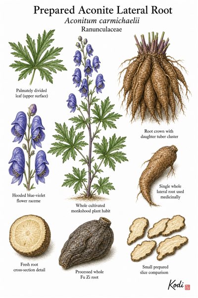 Botanical illustration of Prepared Aconite Lateral Root, Aconitum carmichaelii, showing flowering plant, daughter root cluster, processed whole root, and diagnostic plant details.