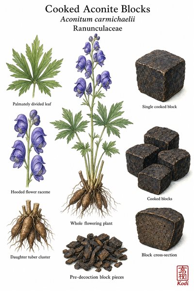 Botanical illustration of Cooked Aconite Blocks, Aconitum carmichaelii, showing source plant, daughter roots, cooked block forms, and diagnostic plant details.