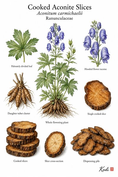 Botanical illustration of Cooked Aconite Slices, Aconitum carmichaelii, showing source plant, daughter roots, cooked slices, and diagnostic plant details.
