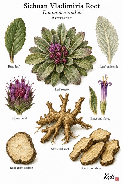 Botanical illustration of Sichuan Vladimiria Root, Dolomiaea souliei, showing habit, basal leaves, flower heads, root, and diagnostic plant details.