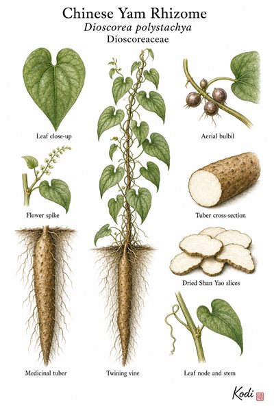 Botanical illustration of Chinese Yam Rhizome, Dioscorea polystachya, showing vine habit, leaves, flowers, tuber, dried slices, and diagnostic plant details.