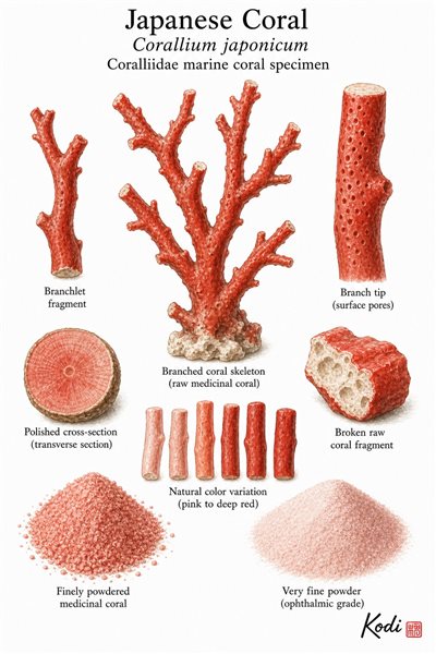 Scientific specimen plate of Japanese Coral, Corallium japonicum, showing branched coral skeleton, powder, cross-section, and diagnostic marine material details.