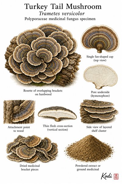 Scientific fungus specimen plate of Turkey Tail Mushroom, Trametes versicolor, showing bracket rosettes, pore underside, wood-grown habit, dried form, and diagnostic fungal details.