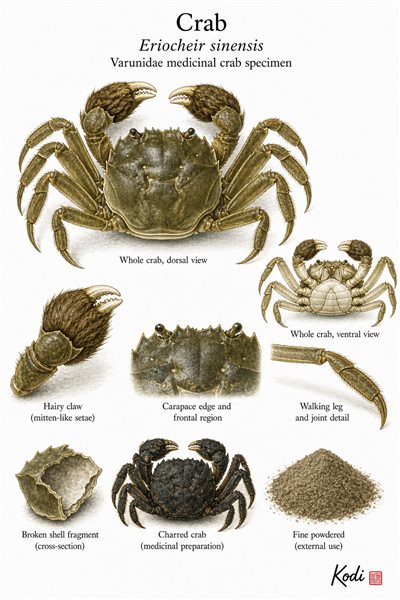 Scientific specimen plate of Crab, Eriocheir sinensis, showing whole crab form, claw and shell details, prepared material, and diagnostic animal details.