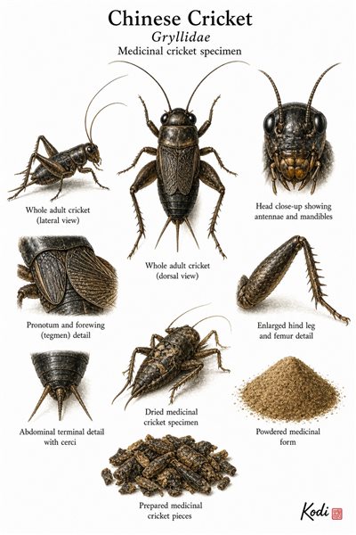 Scientific specimen plate of Chinese Cricket, Gryllidae, showing whole specimen form, head, antennae, legs, dried form, and diagnostic insect details.