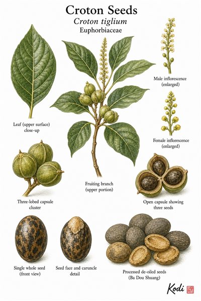 Botanical illustration of Croton Seeds, Croton tiglium, showing fruiting branch, leaves, capsules, seeds, processed material, and diagnostic plant details.