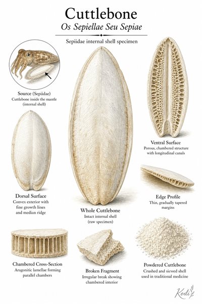 Scientific specimen plate of Cuttlebone, Os Sepiellae Seu Sepiae, showing whole cuttlebone, chambered shell structure, powder, and diagnostic marine shell details.
