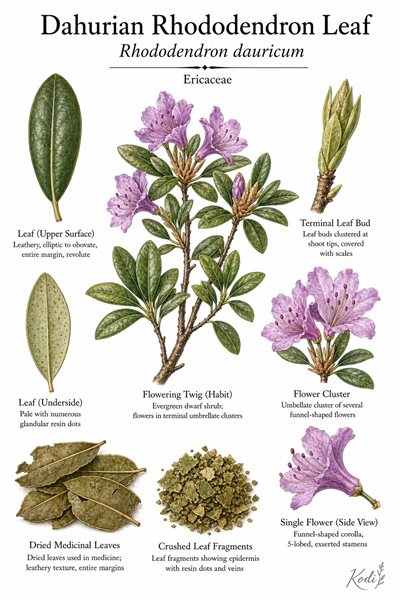 Botanical illustration of Dahurian Rhododendron Leaf, Rhododendron dauricum, showing flowering twig, leaves, dried medicinal leaves, and diagnostic plant details.