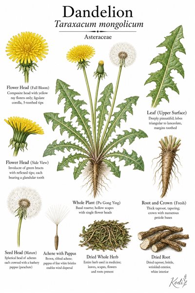 Botanical illustration of Dandelion, Taraxacum mongolicum, showing rosette habit, flowers, seed head, taproot, and diagnostic plant details.