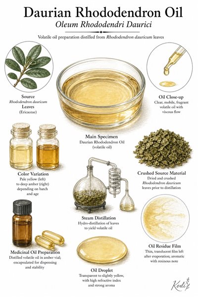 Scientific specimen plate of Daurian Rhododendron Oil, Oleum Rhododendri Daurici, showing amber volatile oil, source leaves, and diagnostic preparation details.