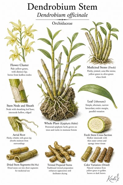 Botanical illustration of Dendrobium Stem, Dendrobium officinale, showing orchid habit, cane stems, leaves, roots, dried stem segments, and diagnostic plant details.
