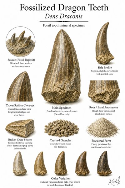 Scientific specimen plate of Fossilized Dragon Teeth, Dens Draconis, showing fossil tooth forms, broken sections, powder, and diagnostic mineralized tooth details.