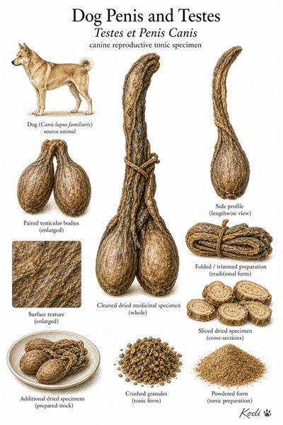 Scientific specimen plate of Dog Penis and Testes, Testes et Penis Canis, showing cleaned dried medicinal material, sections, powder, and diagnostic tonic details.