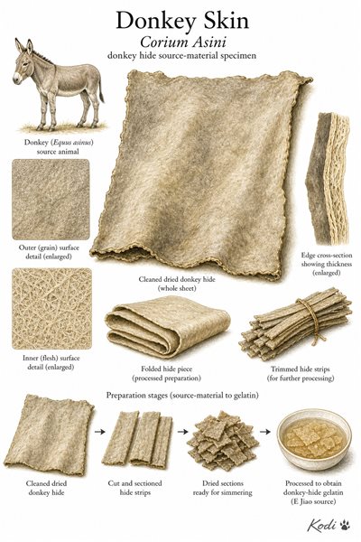 Scientific specimen plate of Donkey Skin, Corium Asini, showing cleaned hide sheets, surface views, edge thickness, and diagnostic source-material details.