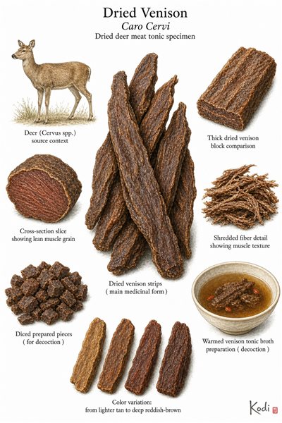 Scientific specimen plate of Dried Venison, Caro Cervi, showing dried meat strips, sliced sections, tonic preparation, and diagnostic food-medicine details.