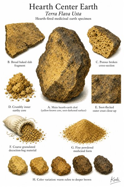 Scientific specimen plate of Hearth Center Earth, Terra Flava Usta, showing baked earth clods, porous broken sections, powder, and diagnostic mineral-earth details.