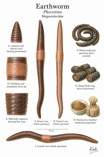 Scientific specimen plate of Earthworm, Pheretima, showing whole body views, clitellum, dried specimen, and diagnostic earthworm details.