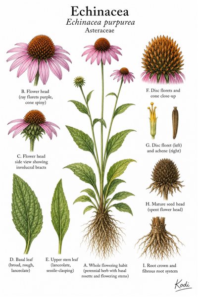 Botanical illustration of Echinacea, Echinacea purpurea, showing flowering habit, leaves, cone flower head, seed head, root, and diagnostic plant details.