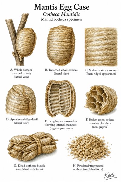 Scientific specimen plate of Mantis Egg Case, Ootheca Mantidis, showing whole ootheca forms, texture, internal structure, and diagnostic medicinal specimen details.
