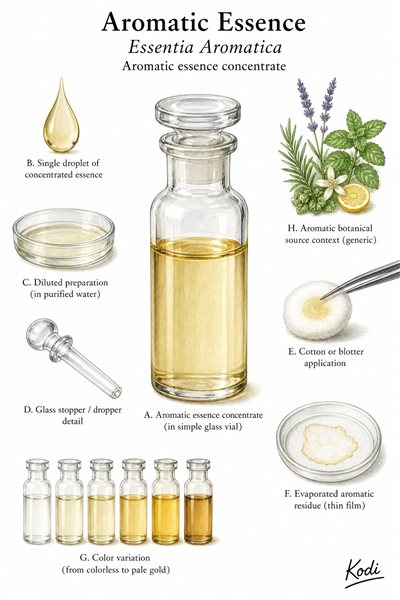 Scientific specimen plate of Aromatic Essence, Essentia Aromatica, showing concentrated aromatic liquid, droplets, diluted preparation, and diagnostic essence details.