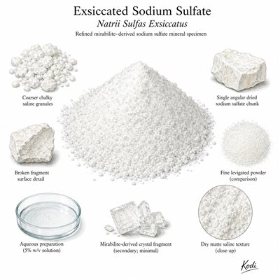 Scientific specimen plate of Exsiccated Sodium Sulfate, Natrii Sulfas Exsiccatus, showing dry mineral powder, granules, dissolved preparation, and diagnostic saline details.