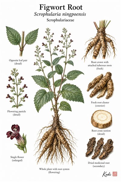 Botanical illustration of Figwort Root, Scrophularia ningpoensis, showing whole plant habit, flowers, fresh roots, and diagnostic figwort details.