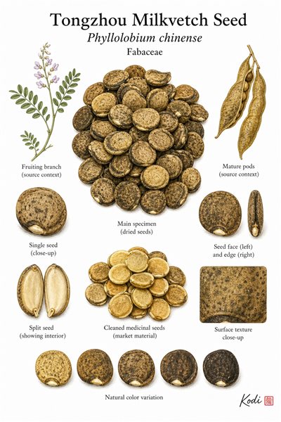 Botanical illustration of Tongzhou Milkvetch Seed, Phyllolobium chinense, showing dried seeds, pod context, and diagnostic legume seed details.