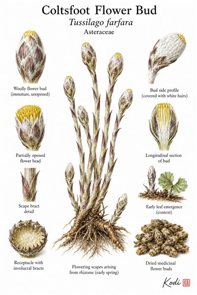 Botanical illustration of Coltsfoot Flower Bud, Tussilago farfara, showing woolly flowering scape, unopened buds, dried buds, and diagnostic plant details.