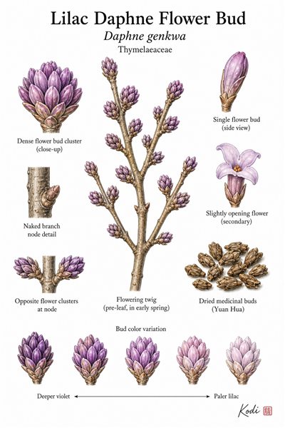 Botanical illustration of Lilac Daphne Flower Bud, Daphne genkwa, showing bare twigs, lilac buds, dried buds, and diagnostic plant details.