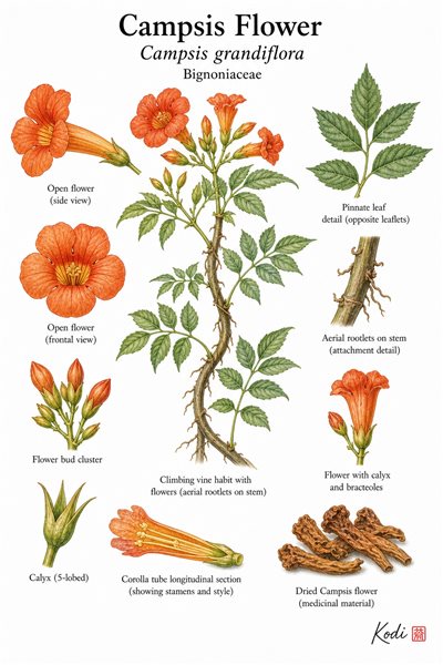 Botanical illustration of Campsis Flower, Campsis grandiflora, showing climbing vine, trumpet flowers, buds, and diagnostic floral details.