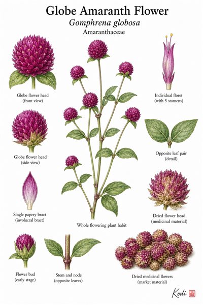 Botanical illustration of Globe Amaranth Flower, Gomphrena globosa, showing whole plant habit, round flower heads, leaves, and diagnostic amaranth details.